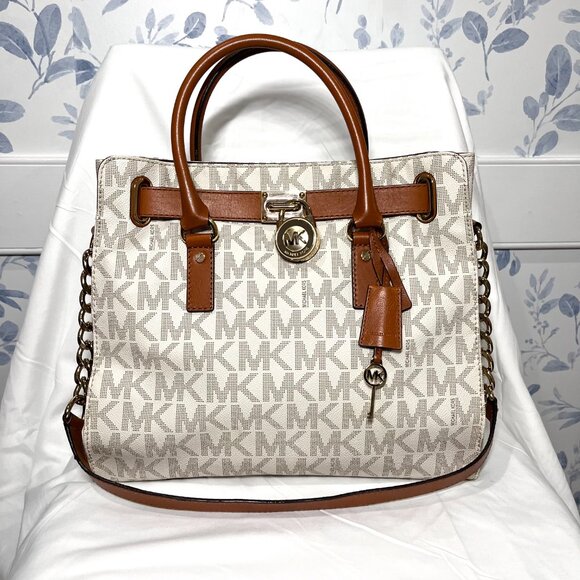 MICHAEL KORS Hamilton Large Saffiano Leather Logo Satchel - White Coated Canvas - Picture 2 of 15